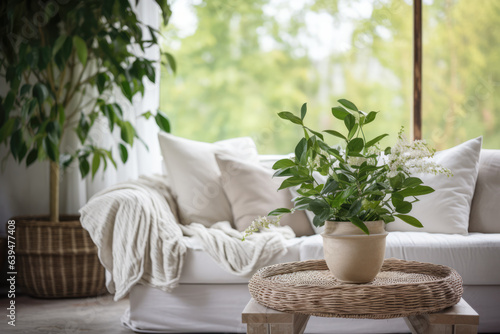 Close up of a sofa, coffee table and plants in a minimalistic living room staging