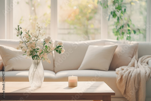 Close up of a sofa, coffee table and plants in a minimalistic living room staging