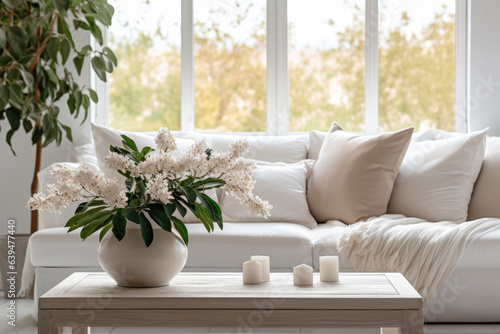 Close up of a sofa, coffee table and plants in a minimalistic living room staging