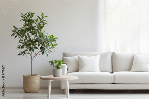 Close up of a sofa, coffee table and plants in a minimalistic living room staging © JuanM