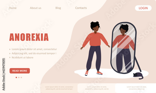 Anorexia landing page template. Slim african woman looking herself fat in mirror and feel insecure human. Rejection of yourself. Girl with mental problems. Vector illustration in cartoon style.