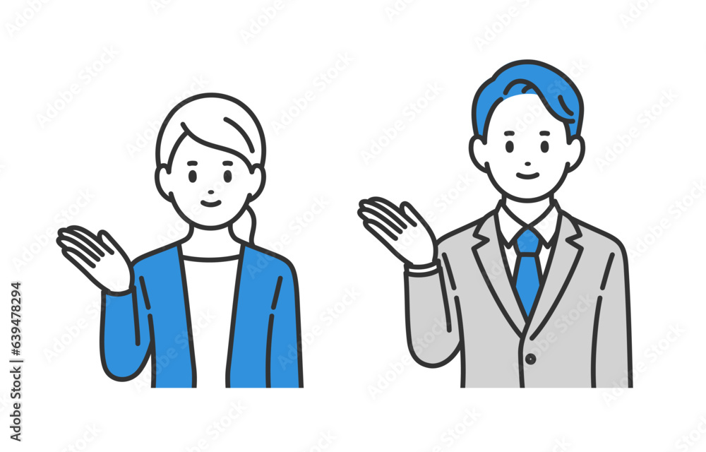 案内のポーズをするビジネスパーソン男女のセット【人物ベクターイラスト素材】 案内のポーズをするビジネスパーソン男女のセット【人物ベクターイラスト素材】