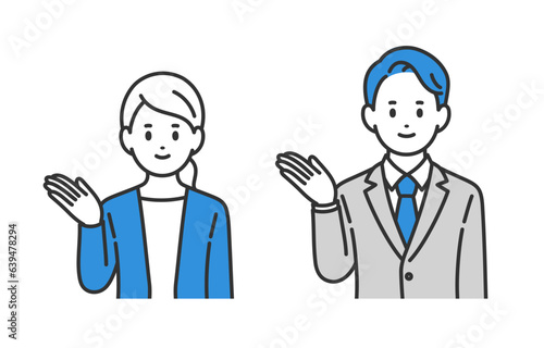 案内のポーズをするビジネスパーソン男女のセット【人物ベクターイラスト素材】