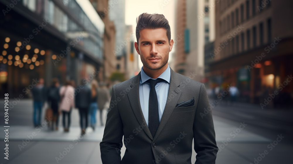 A Portrait of a handsome businessman in the city. Men's beauty, fashion. photorealistic