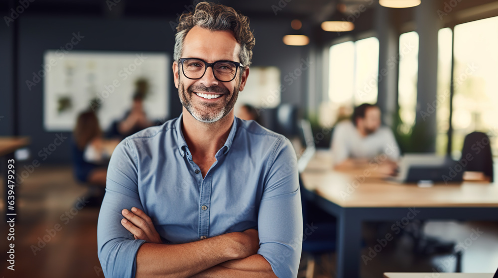 A Portrait of handsome smiling man sitting with arms crossed in office and looking at camera High quality photo with copy space. A Portrait of handsome smiling man sitting with arms crossed in office and looking at camera High quality photo with copy space.