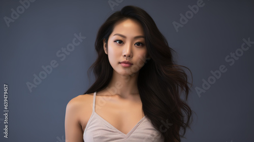 A Portrait of a confident beautiful Asian model on a white background.