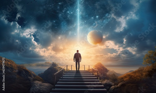 Photo of a man ascending a stairway towards the vast expanse of the cloudy sky