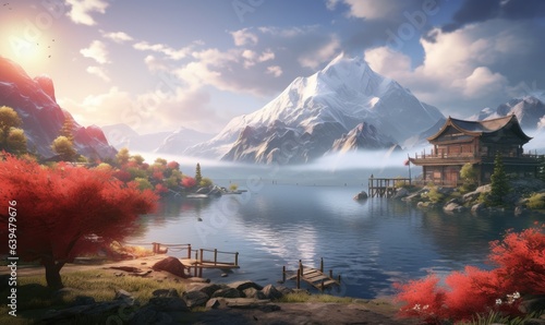 Photo of a serene lake with a majestic mountain backdrop
