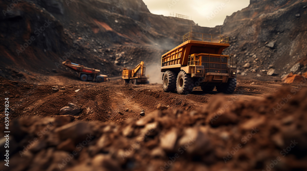 A  Heavy mining truck and excavator developing the iron ore on the opencast mining site - obrazy, fototapety, plakaty 