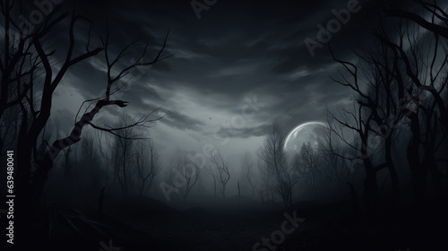 Spooky halloween night with big moon. Dark and mysterious landscape. AI