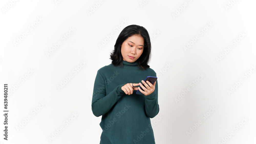 Holding Smartphone Looking up and Thinking Gesture Of Beautiful Asian Woman Isolated On White Background Holding Smartphone Looking up and Thinking Gesture Of Beautiful Asian Woman Isolated On White Background
