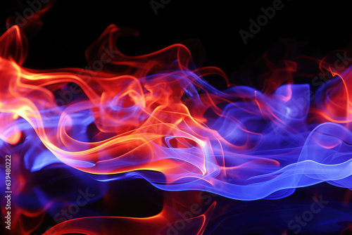 Abstract background, blue and red smoke texture in the air. Smoke fragments isolated on dark background. High quality photo