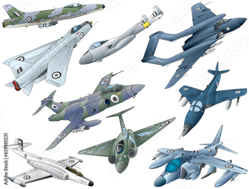 9 famous English jet fighter selection, illustrated vector collection. photo
