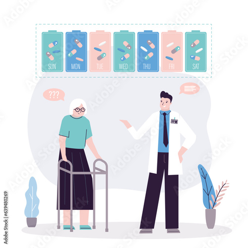 Old woman is talking to doctor. Medical specialist makes weekly medication schedule. Recipe for medication. Schedule and treatment plan. Health care for elderly people.