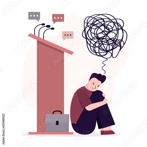 Fearful businessman or politician sitting hidden behind public speaking podium. Fear of public speaking, nervous or stress to talk on stage, podium phobia,