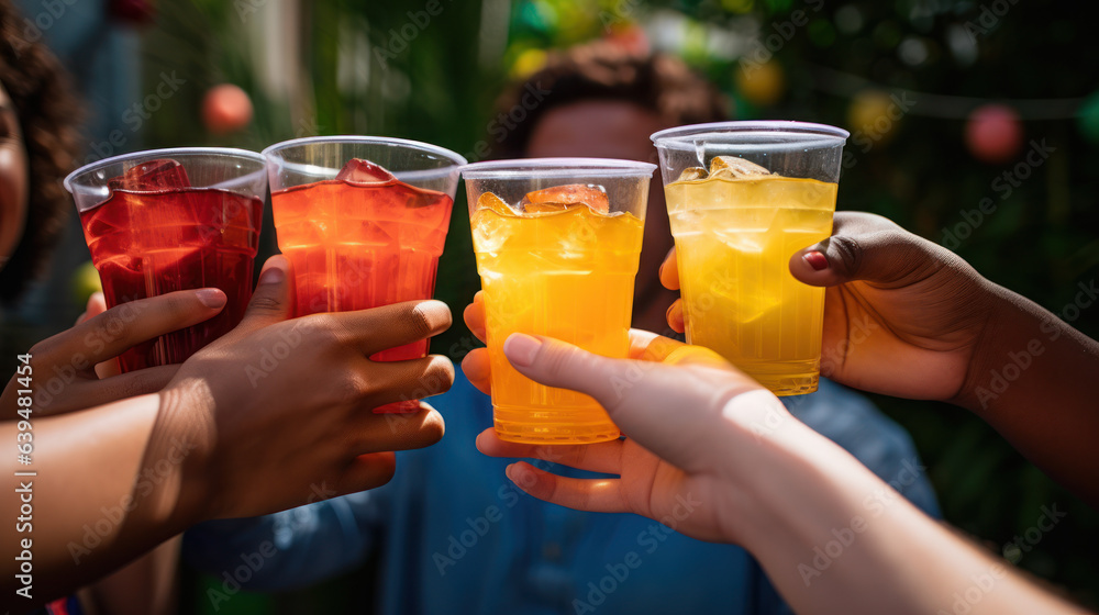 All friends clinking cups of juice All friends clinking cups of juice