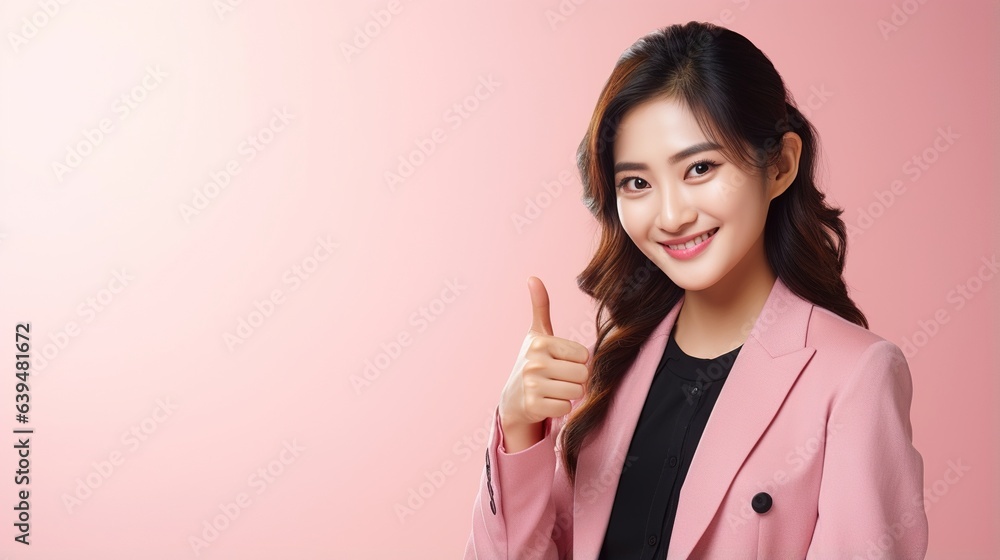 Pink Power Pose: Confident businesswoman gives thumbs up against a soft pink backdrop. A portrait showcasing positive affirmation and success. Pink Power Pose: Confident businesswoman gives thumbs up against a soft pink backdrop. A portrait showcasing positive affirmation and success.