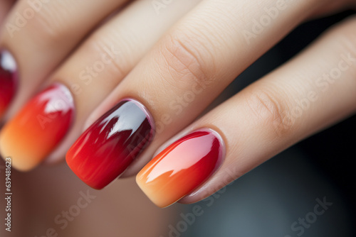 Woman's fingernails with red and orange nail polish
