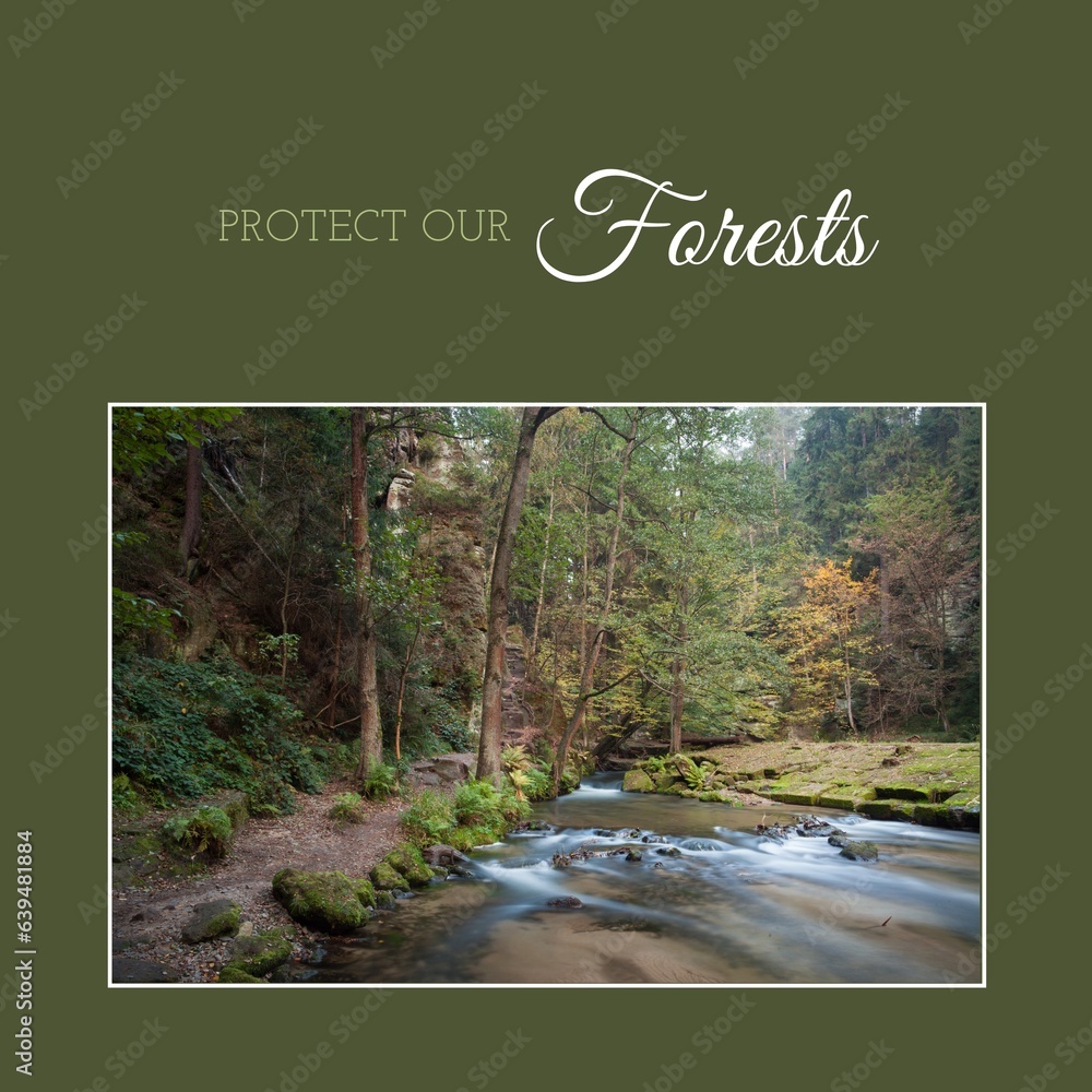 Fototapeta premium Composite of protect our forests text and tranquil view of river flowing in woodland