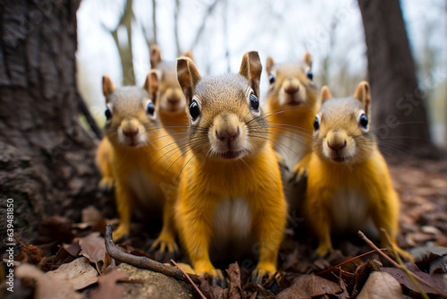 Crowd of baby squirrels portrait in forest park looking at camera with curious, funny, surprised look, funny, humorous wild animals, wide angle photography. Positive concept. Generative AI Technology
