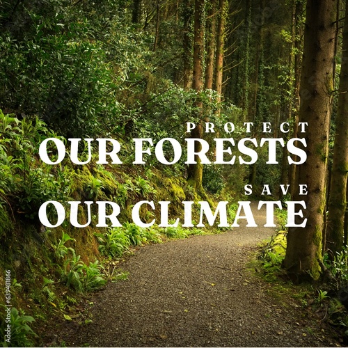 Composite of protect our forests and save our climate text and lush trees growing in woodland