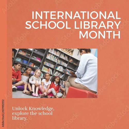 Composite of international school library month text and diverse teacher reading book for children