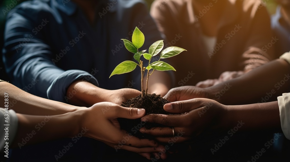 Hand holding a seedling plant against a blurred green nature background with sunlight. Earth Day idea, Sustainable Development - obrazy, fototapety, plakaty 