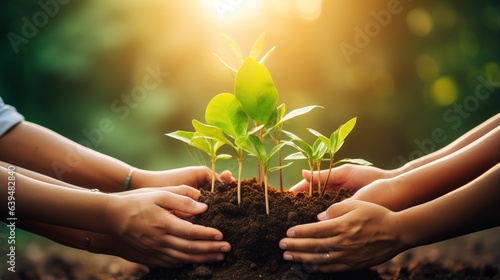 Hand holding a seedling plant against a blurred green nature background with sunlight. Earth Day idea, Sustainable Development photo