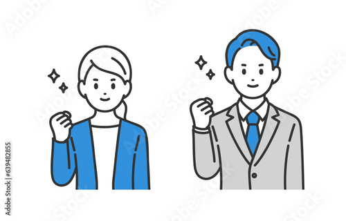 ガッツポーズをするビジネスパーソン男女のセット【人物ベクターイラスト素材】