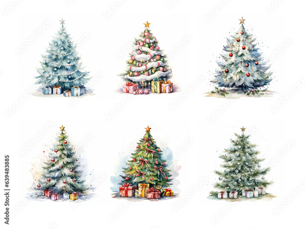 Set of Christmas Trees Watercolor Illustrations Decorations 