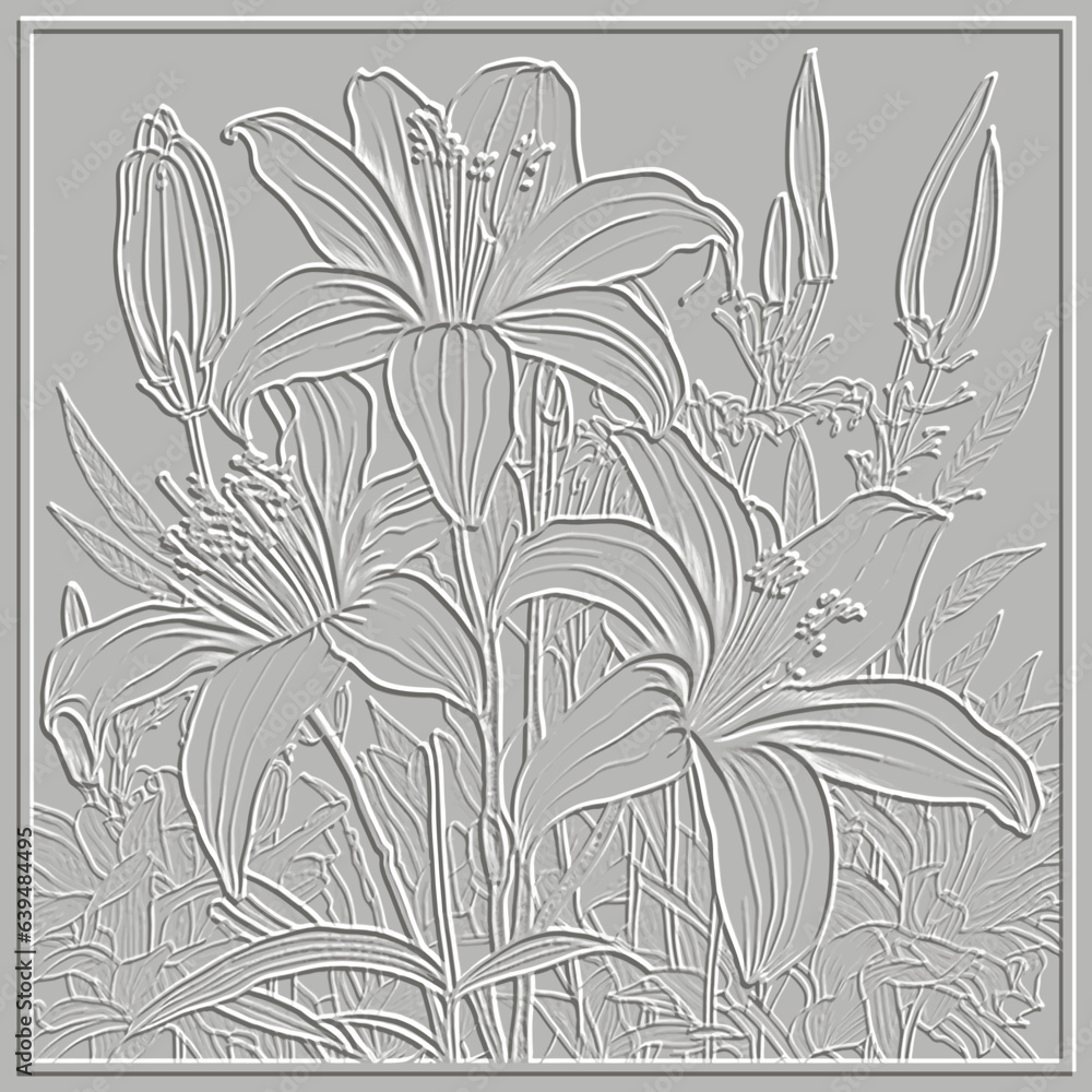 3d lilies. Tropical emboss lily flowers 3d seamless pattern. Square frame. Floral embossed background. Relief textured backdrop. Line art  emboss flowers, leaves. hand drawn surface tropic ornaments