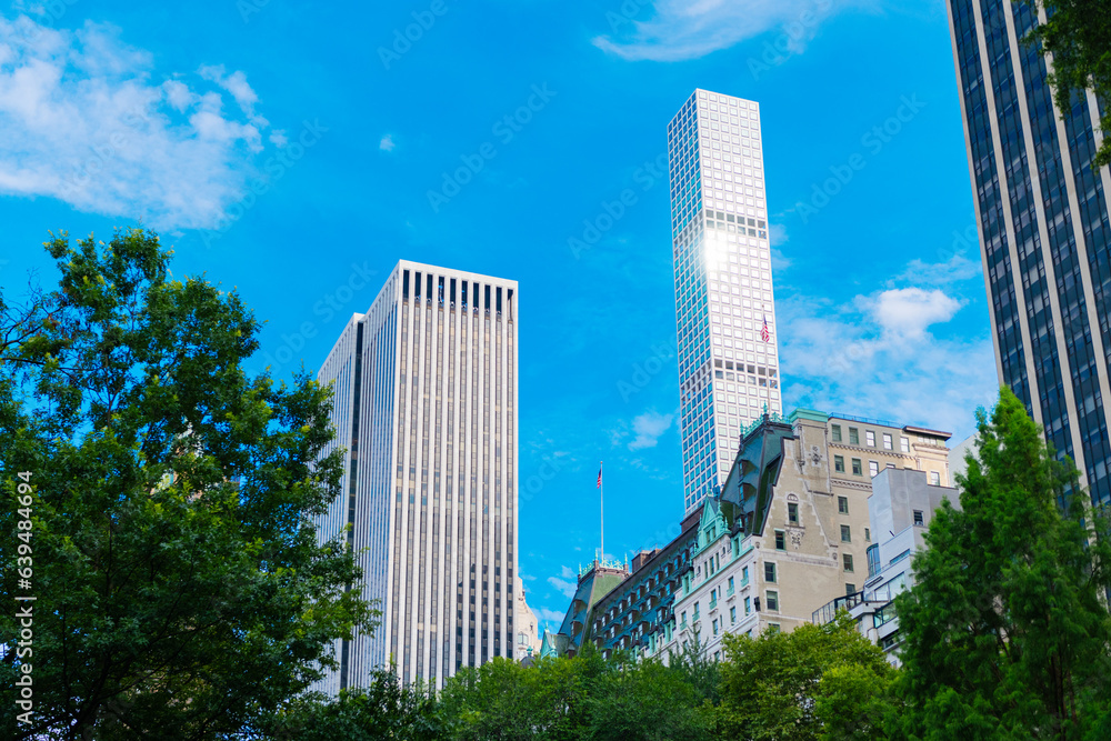 Fototapeta premium central park of new york. Cultural center. Central Park building in midtown Manhattan New York City. USA, New York City wtih Skyscraper around Central Park. city nature landscape with skyscraper