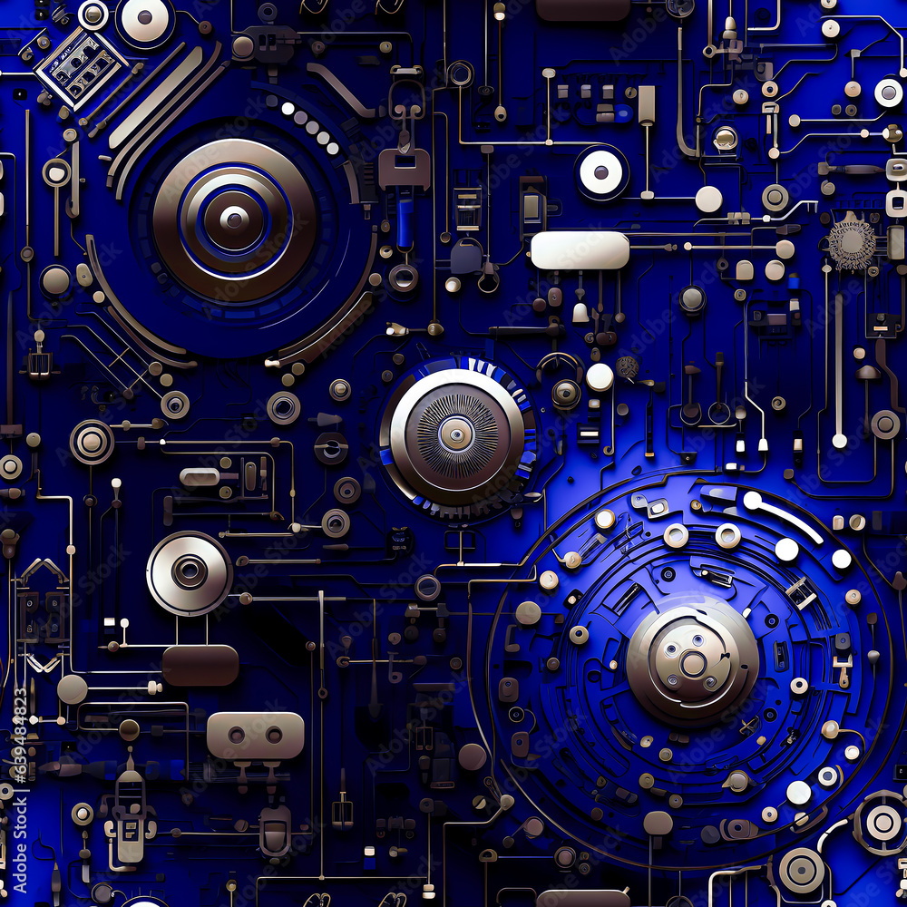 Abstract technology  dark blue circuit and microchip macro image, industrial aesthetics, high tech, complex hardware detail, close-up shot of printed circuit board and microchip, digital 