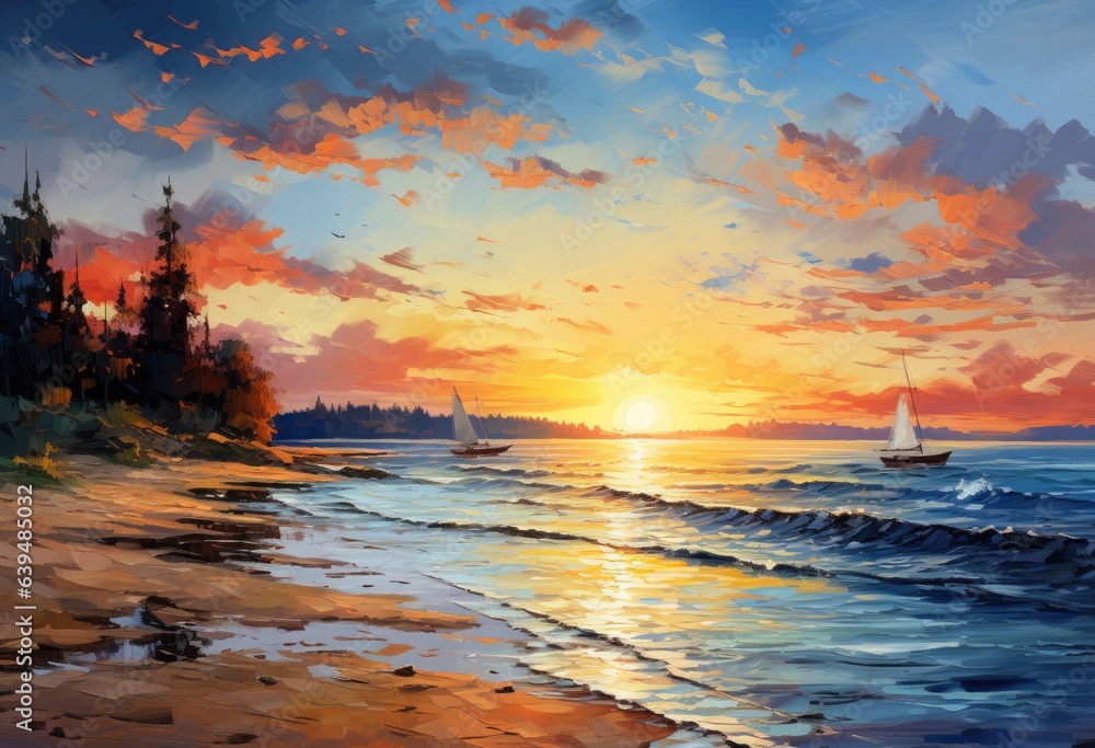 A watercolor painting captures a serene sunrise at the beach, where the orange hues reflect in the calm sea, and a sailboat drifts on the horizon. The impressionism style evokes beauty and tranquility
