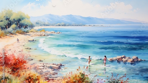A vibrant watercolor painting showcases a top view of a tropical beach with a couple walking hand-in-hand. Waves crash on the shore  boats float nearby  and palm trees sway  creating a scenic paradise