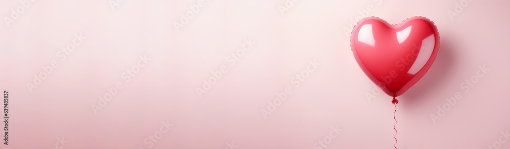 Heart-shaped red balloon, Valentine's love celebration banner. Place for text, empty space, copy paste, horizontal banner. Card, party, design, flyer, poster, banner, web, advertising. Generative AI Heart-shaped red balloon, Valentine's love celebration banner. Place for text, empty space, copy paste, horizontal banner. Card, party, design, flyer, poster, banner, web, advertising. Generative AI