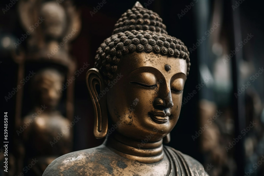 Statue of Buddha in temple and a small meditation. Bronze face of bronze Buddha, dark background, zen spiritual ritual meditating. Spiritual awakening. Religion concept, esoterics. Generative AI.