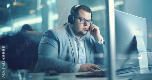 Plus size businessman wearing headset with microphone working on computer in call center.