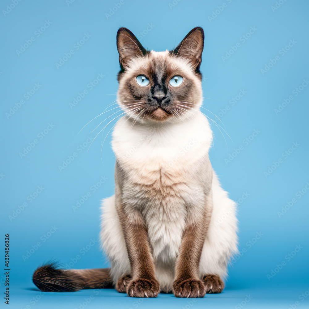 Siamese cat with blue eyes on a blue background