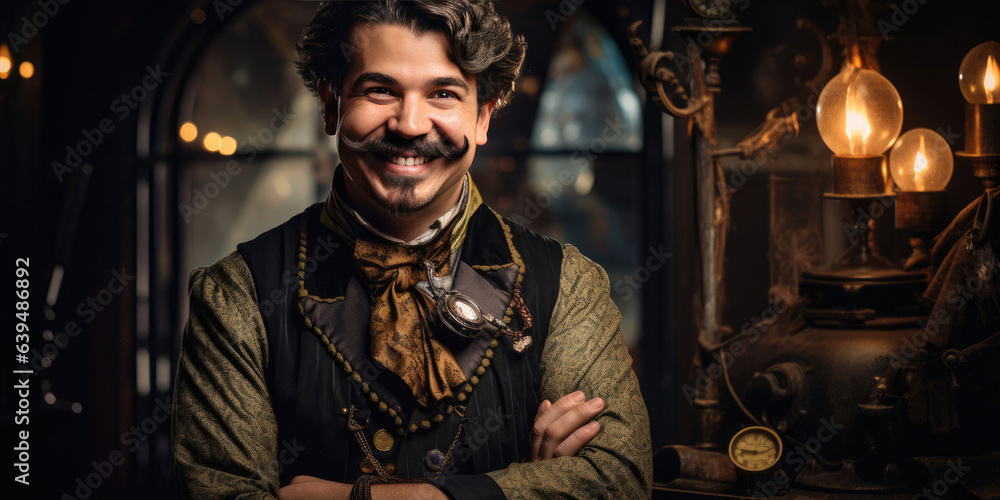 Smiling magician with a big twirly mustache in a steampunk world