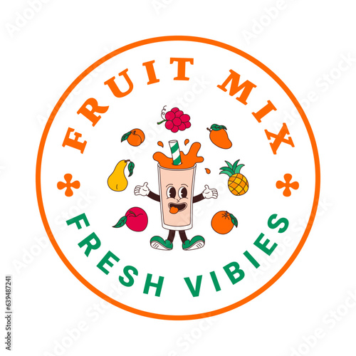 Sticker of character mix fruit juice or smoothie in cartoon style. Isolated vector label of groovy fruit drink mascots in retro style on transparent background for logo, emblem and your design