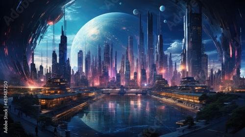 This image portrays a futuristic cityscape at night, filled with towering skyscrapers, glowing lights, digital innovation, and a bridge over a reflective river. Stars and the moon accent the dark sky.