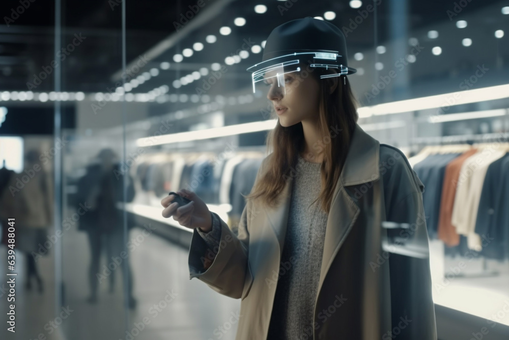 Simulator glasses another reality concept. Young woman standing in smart room, wearing virtual reality goggles. Adult looking in VR glasses, experiencing 3D gadget technology in the mall. Simulator glasses another reality concept. Young woman standing in smart room, wearing virtual reality goggles. Adult looking in VR glasses, experiencing 3D gadget technology in the mall.