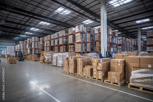 A huge warehouse filled with neatly stacked boxes. Interior of a modern warehouse. Large space for storing and moving goods. logistics. Trade in the modern world. © Anoo