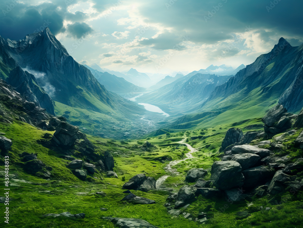 Fototapeta premium Beautiful Mountain Valley with River and Snow