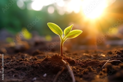 Close up of small tree growing in the morning light background, Planting seedlings young plant grow sequence with morning sunlight and dark green blur background