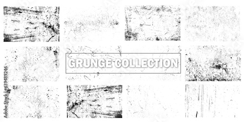 Grunge overlay textures with dust grain isolated on white background. Set of vector paint brush stroke, ink splash and grungy decoration elements for social media. Distressed vintage banner frame.