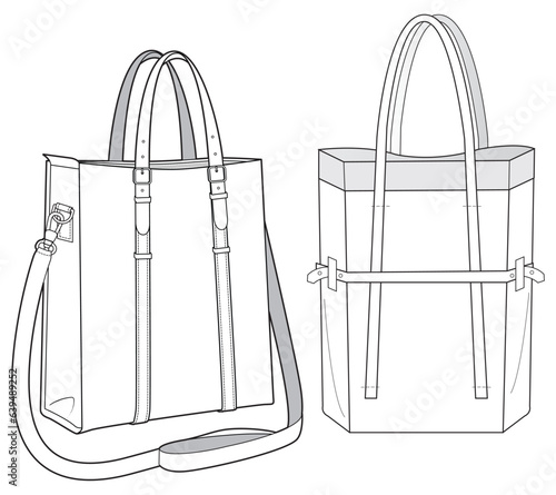 Tote bag flat sketch fashion illustration drawing template mock up, Leather tote bag cad drawing. Carry bag flat sketch vector
