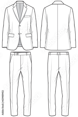 Men's Single breast notch lapel Blazer Jacket full suit with formal trouser pants flat sketch fashion illustration technical drawing with front and back view