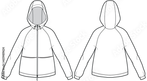 Sports Hoodie jacket design flat sketch Illustration drawing, Wind breaker Hooded jacket with front and back view, winter jacket for Men and women. for hiker, outerwear and workout in winter